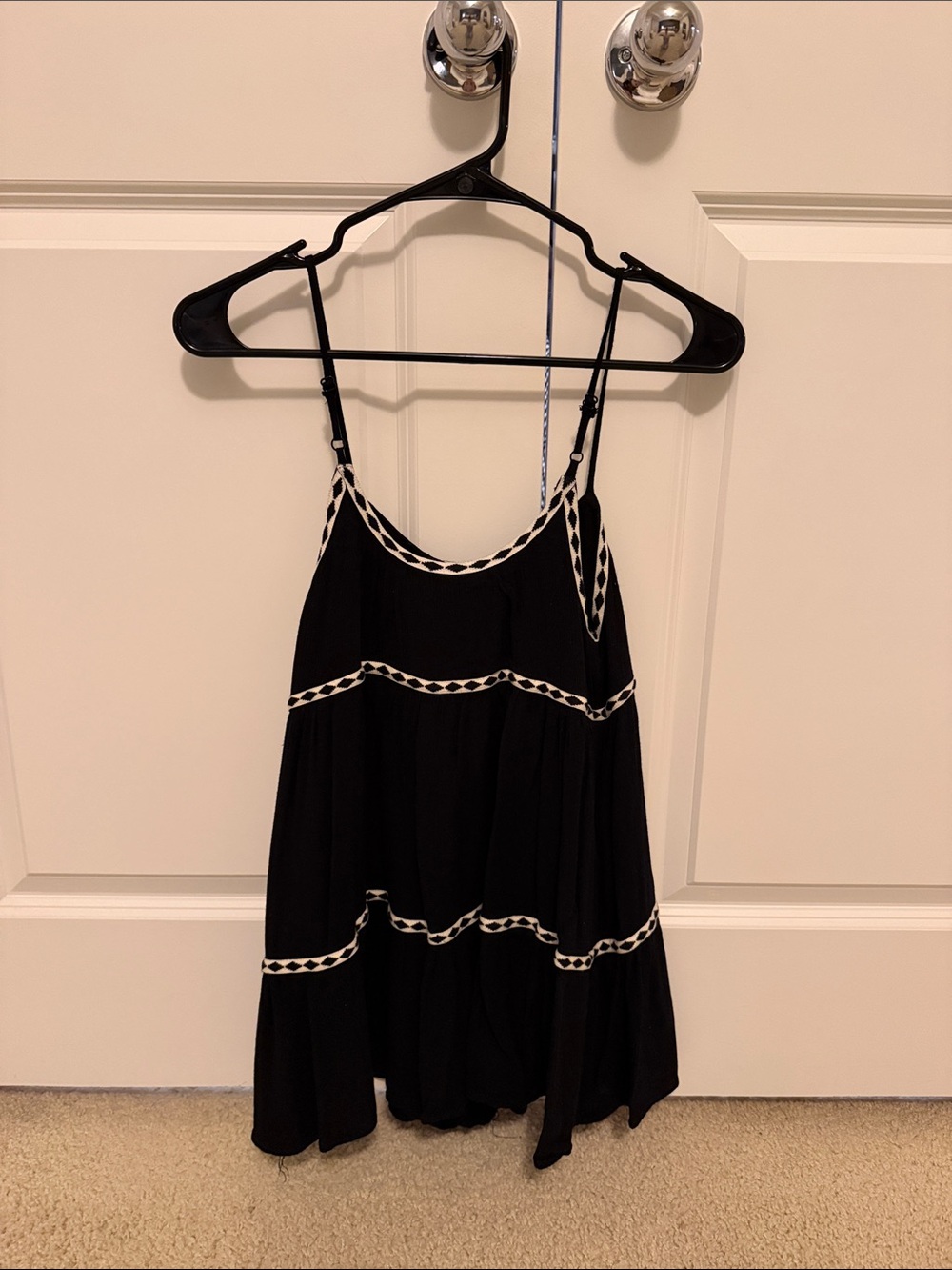 Black Spaghetti Strap Tiered Mini Romper with White Trim